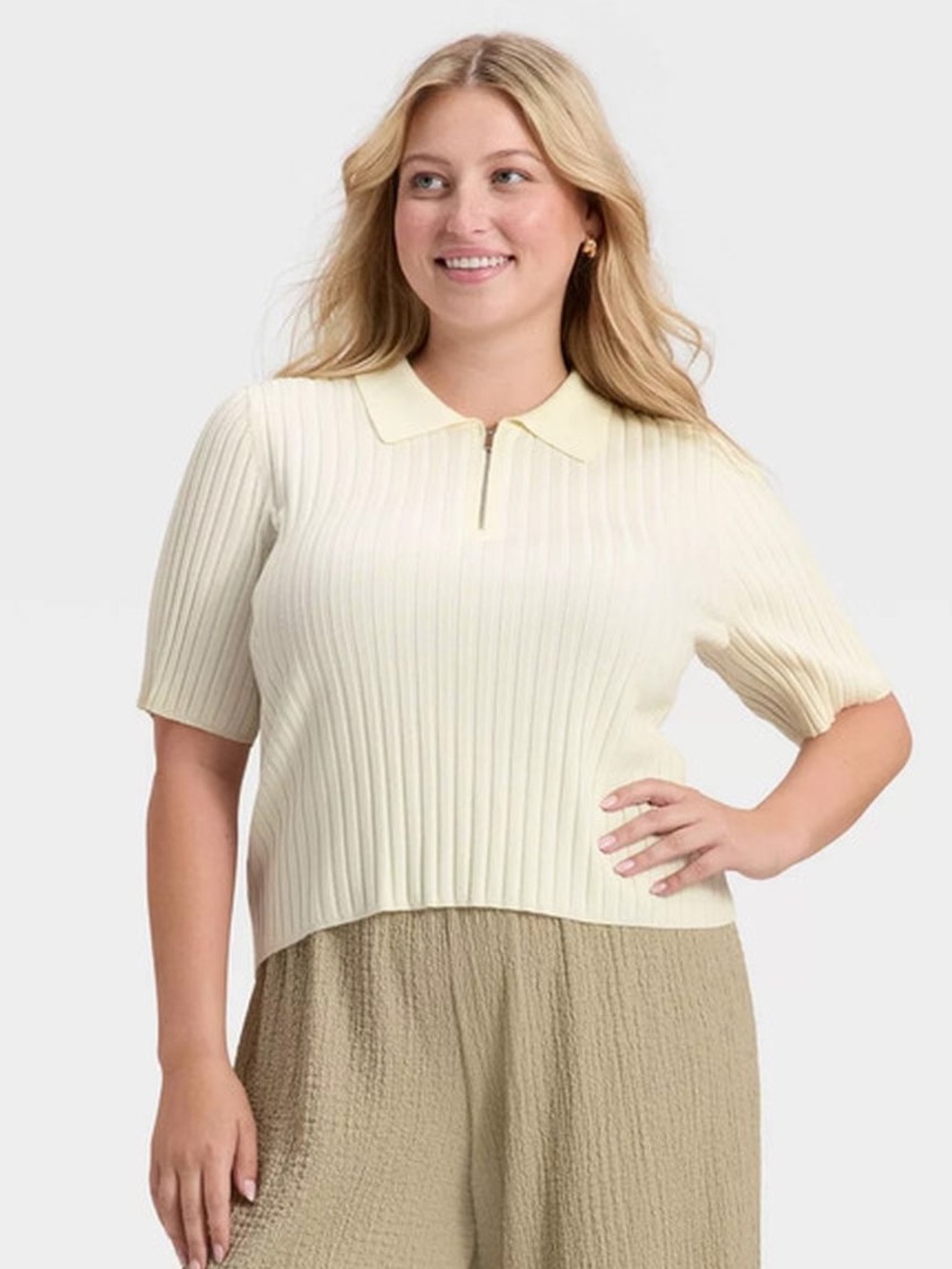a new day Ribbed Zip-Front Polo Top in Cream